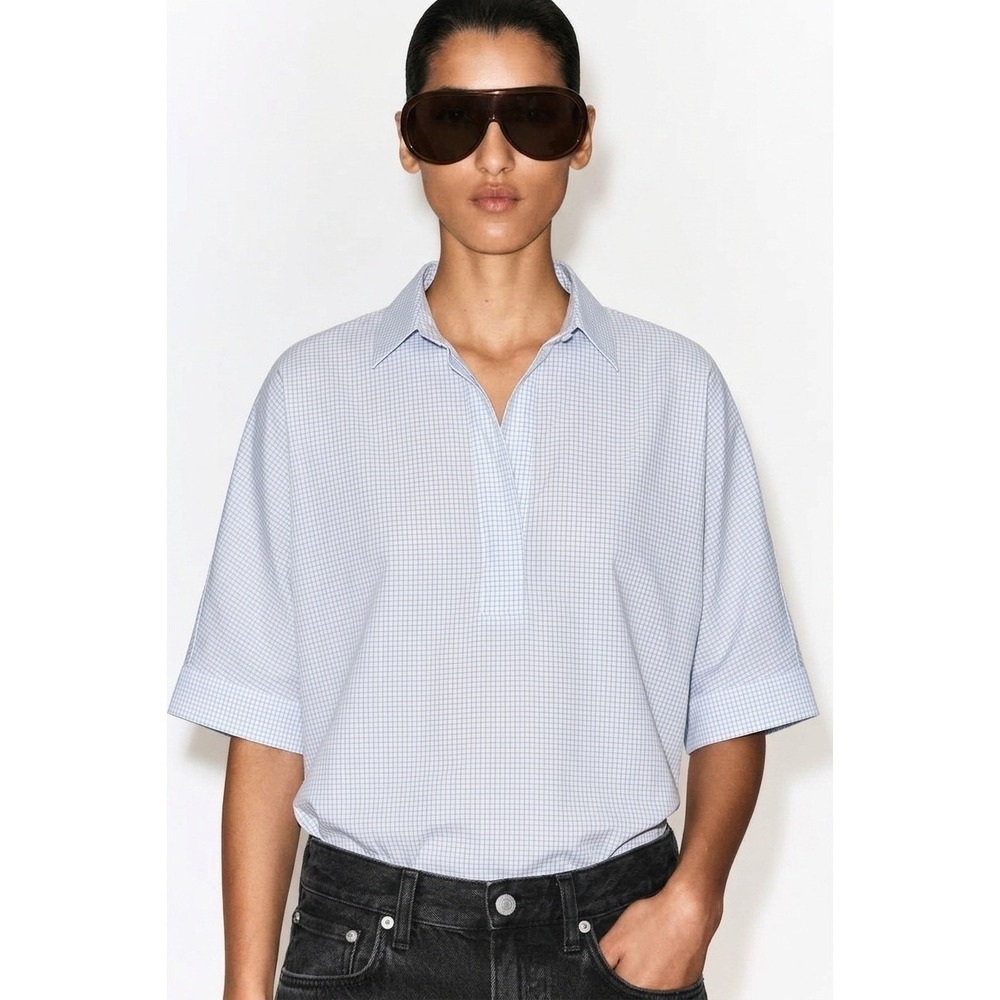 COS 4 Women Oversized Boxy Cotton Shirt Blue White Micro Check Short Sleeve